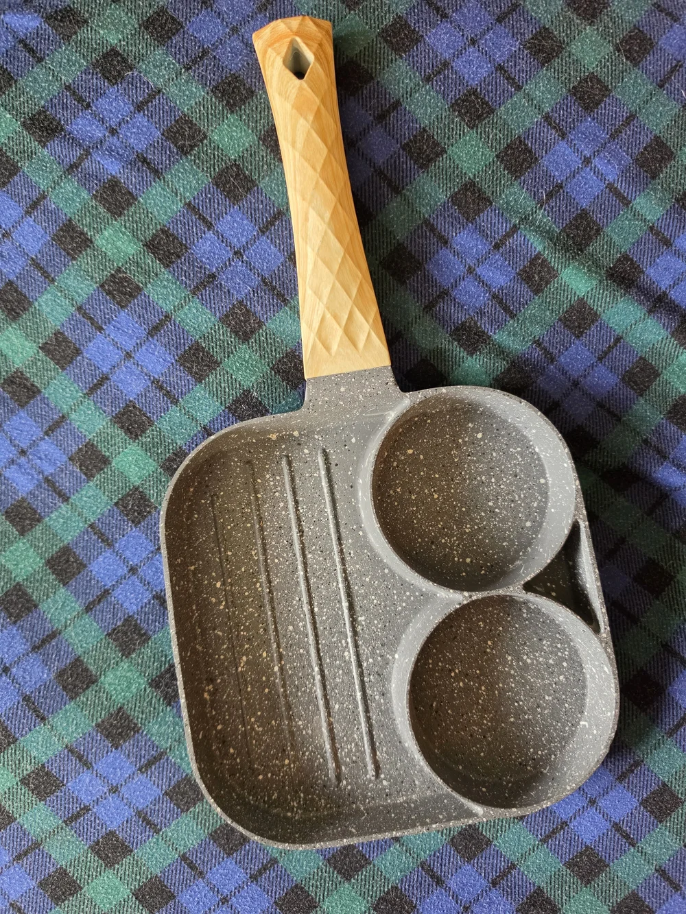 Non-Brand Stone-Effect Double Egg & Grill Pan with Wooden-Style Handle - Black